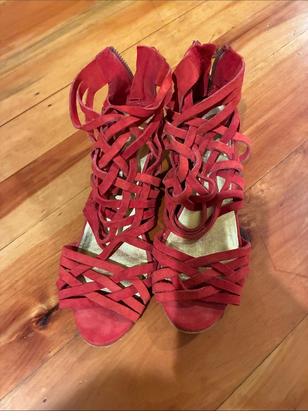 Red Strappy Lace-Up Heeled Sandals - Unbranded